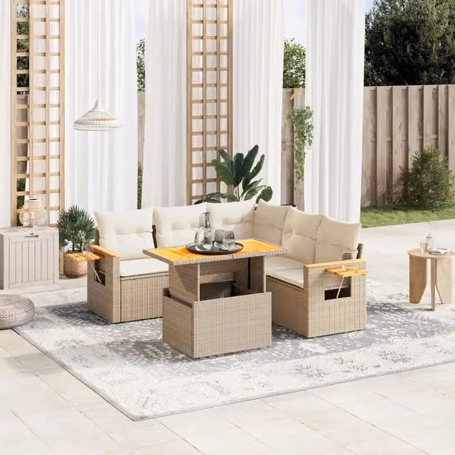 Set Divano da Giardino a L VIDAXL in Polyrattan Beige con 6 Cuscini Moderno – 1