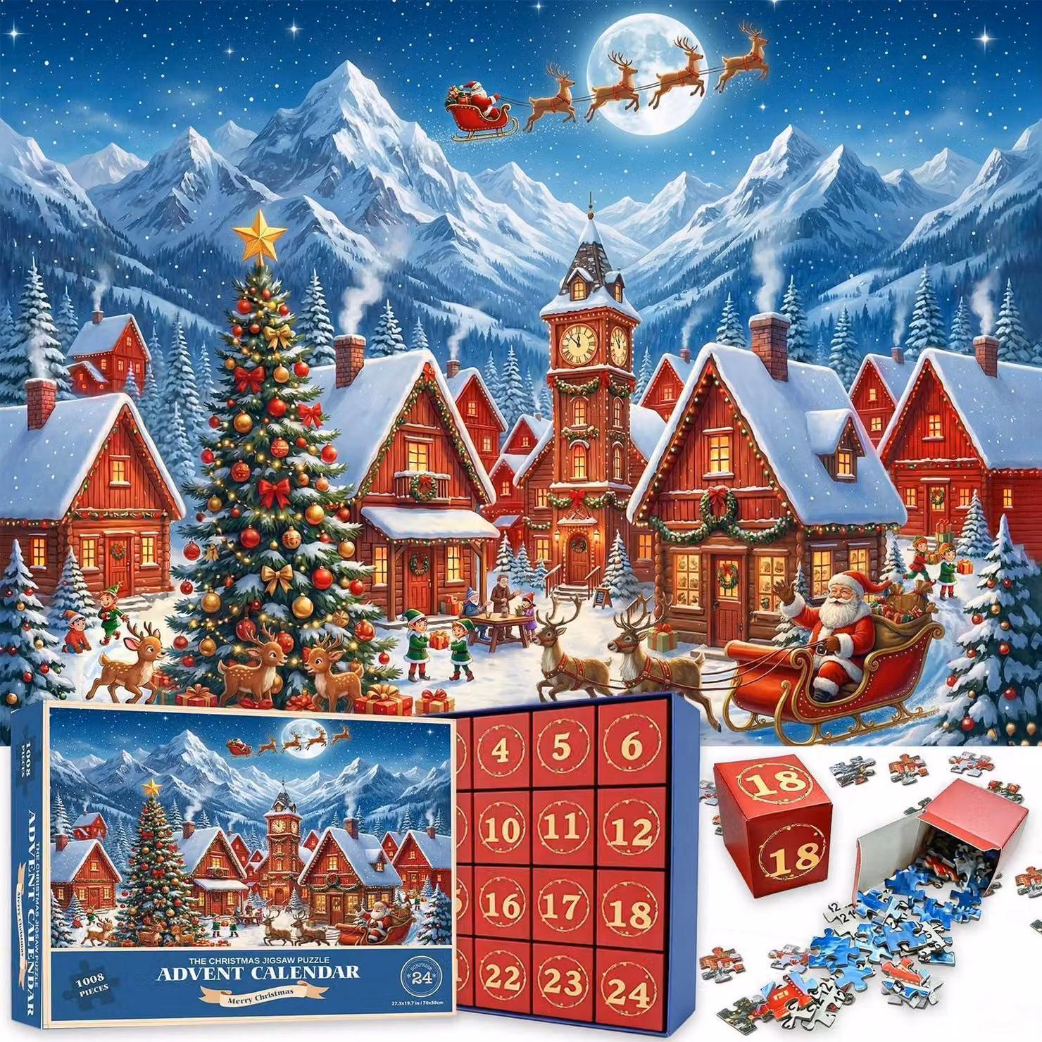 Calendario dell'Avvento con puzzle, 1008 pezzi, puzzle natalizio, 70 x 50 cm, conto alla rovescia di 24 giorni, 24 scatole sorpresa
