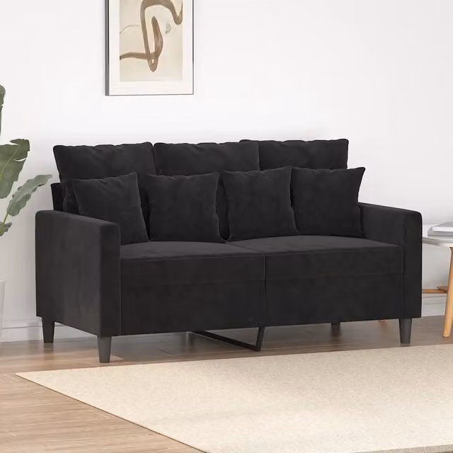 Divano a 2 posti moderno vidaXL in velluto nero con cuscini e struttura in metallo L: 138 cm, P: 77 cm, H: 80 cm