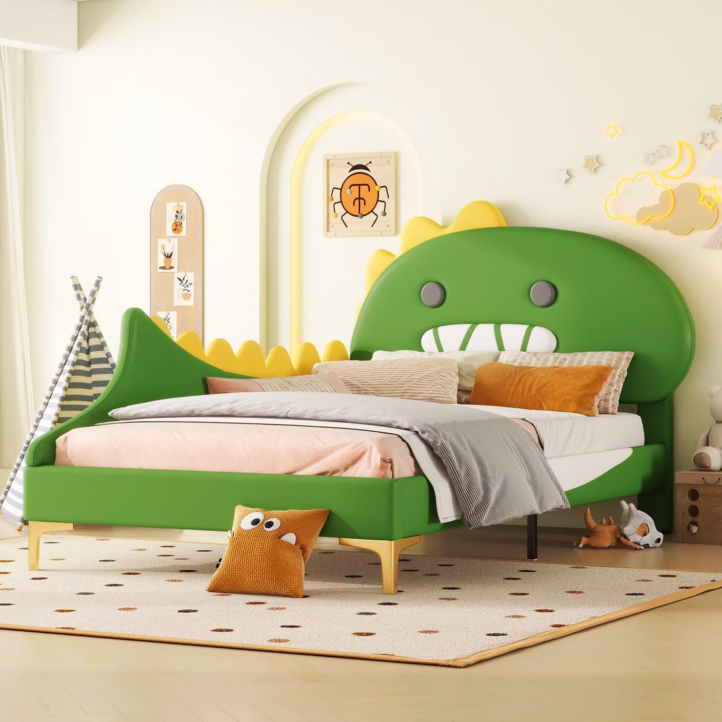 Letto imbottito Flieks 90x200cm con rete a doghe, letto per bambini con protezione anticaduta, letto singolo con testata a forma di dinosauro, letto in legno PU, verde