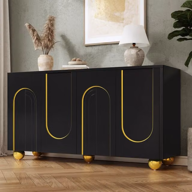 Sideboard moderno REDOM con 4 ante in MDF e metallo, colore nero e oro, L: 140 cm, P: 40 cm, H: 74 cm
