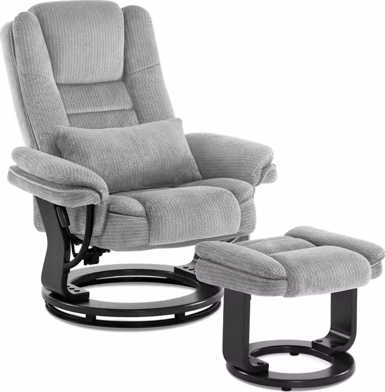 Poltrona relax con funzione reclinabile, poltrona TV girevole a 360° con sgabello, poltrona TV che può sostenere fino a 120 kg, con cuscino, 9099LGY(tessuto grigio chiaro)