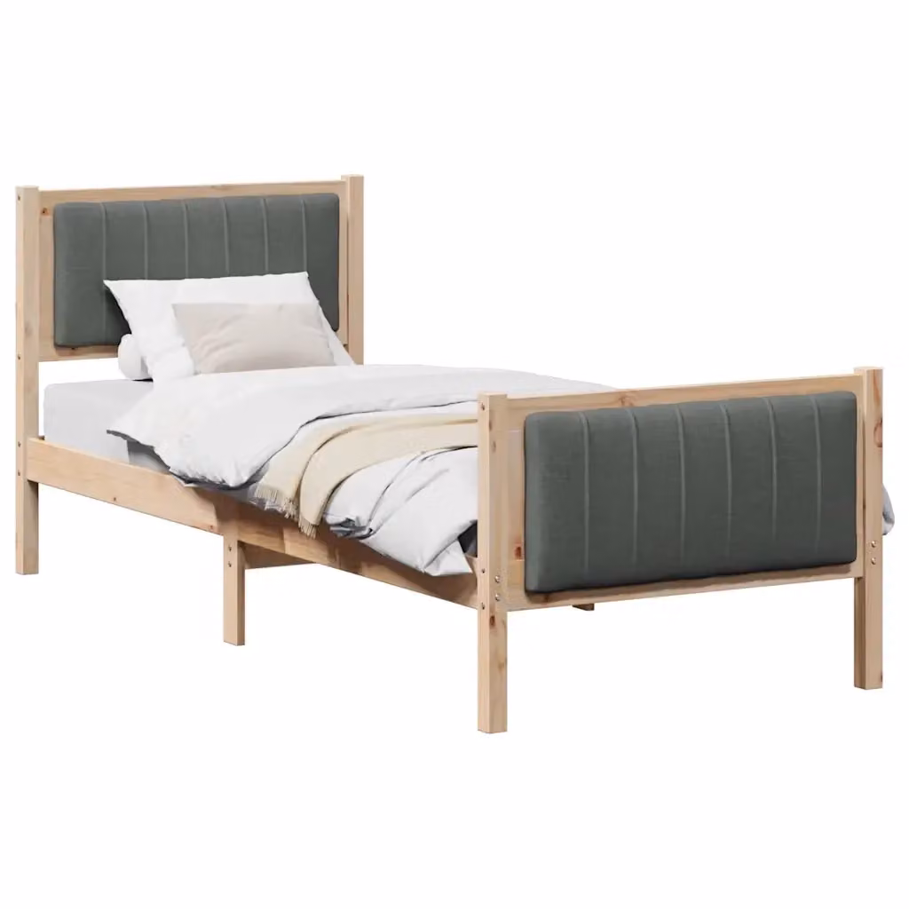 Struttura letto moderna in legno di pino con giroletto in tessuto marrone e grigio L 190 x P 80 cm – 2