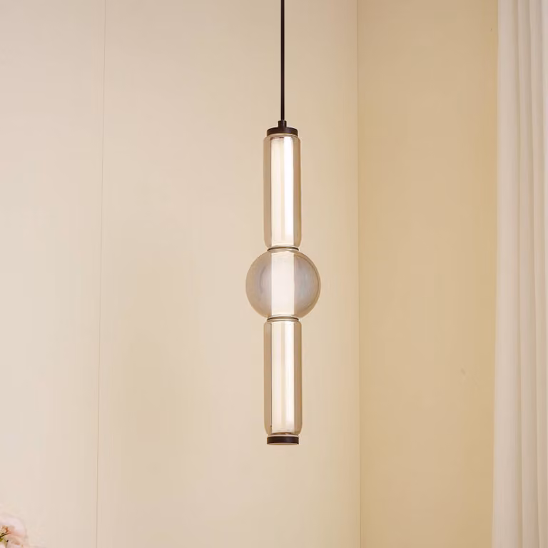 Lucande lampada LED a sospensione Savete, grigio fumo, vetro, Ø 12 cm Savete, Alluminio / Grigio / Zincato, Soggiorno / Sala da pranzo, Vetro, Moderno