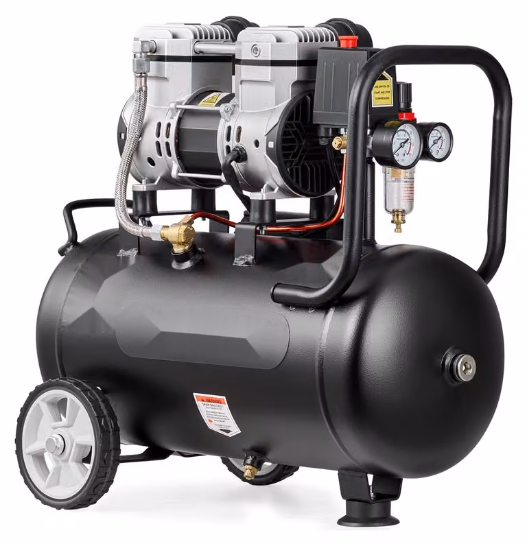 Compressore d'aria a pistoni – Compressore silenzioso senza olio, 1,1 kW, capacità serbatoio 24 litri, portata 68 litri/minuto a 6,2 bar, pressione massima 8 bar. Portatile, dotato di ruote e maniglia. Ideale per officine e per uso domestico