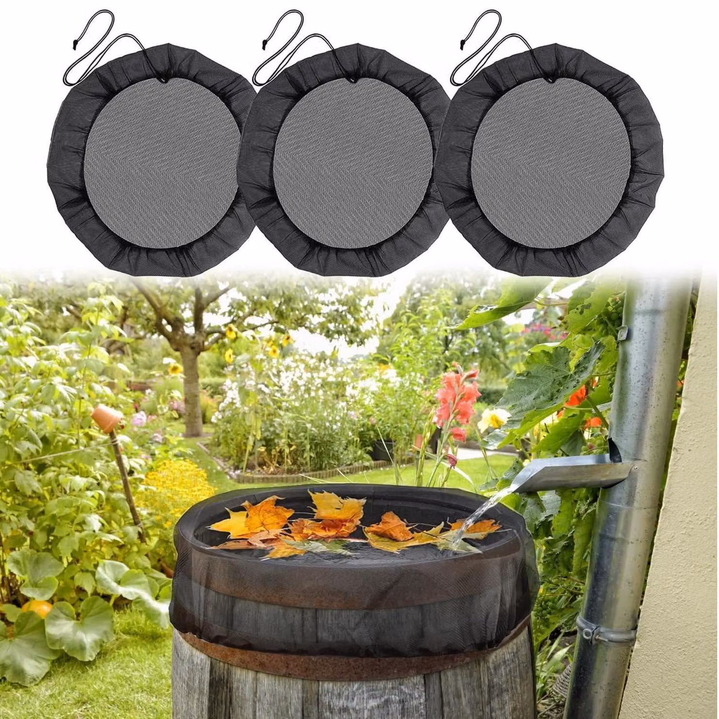 Set di 3 reti per bidoni, 80 cm, regolabili, adatte a fusti con un diametro fino a 75 cm