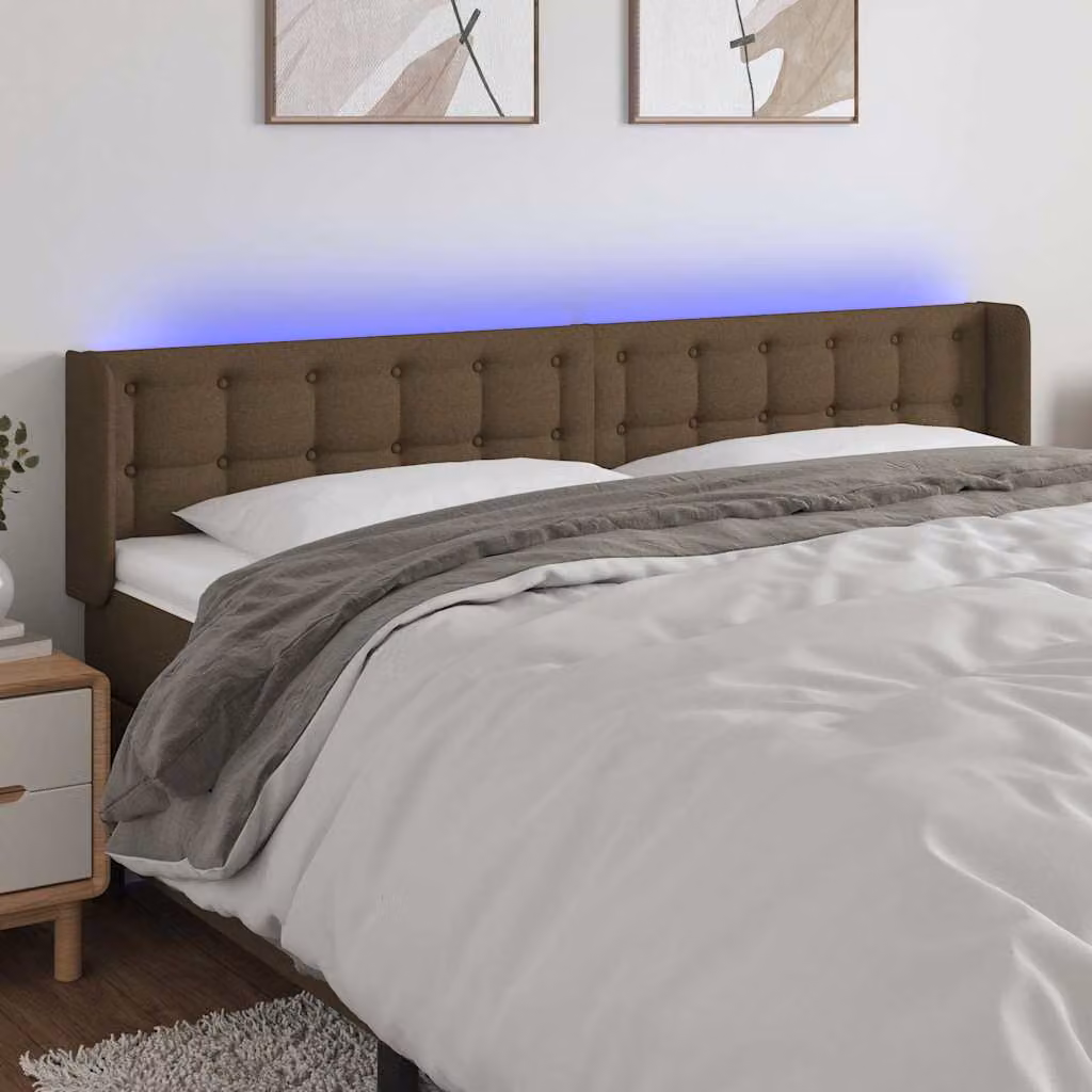 Testiera con LED e porta USB vidaXL in tessuto marrone scuro, L: 183 cm, P: 16 cm, H: 78-88 cm
