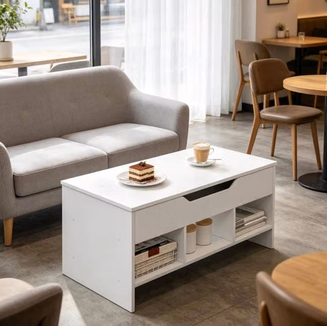 Tavolino trasformabile con piano sollevabile in legno bianco, 96x45x51 cm, 50 kg capacità