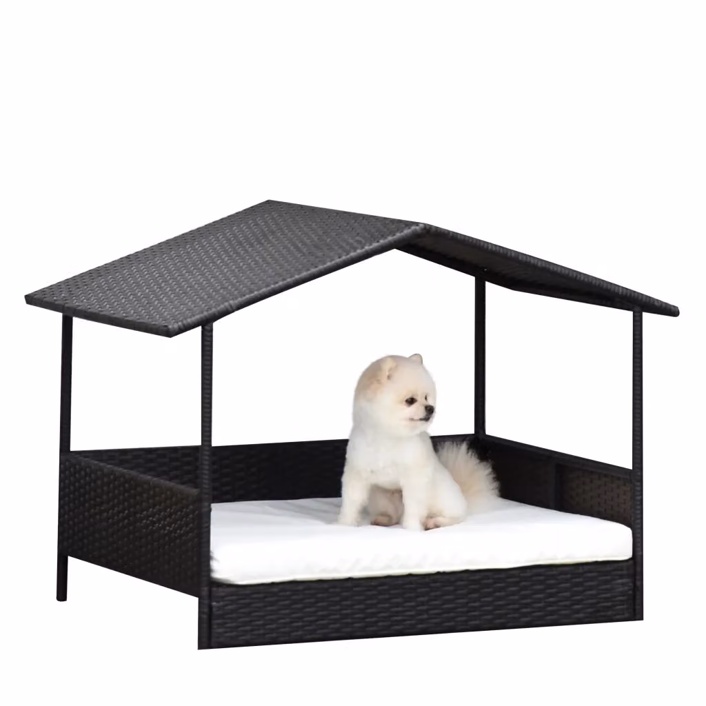 Cuccia per cani rialzata con tetto XYLO in metallo e rattan marrone L: 98 cm, P: 69 cm, H: 70 cm – 2