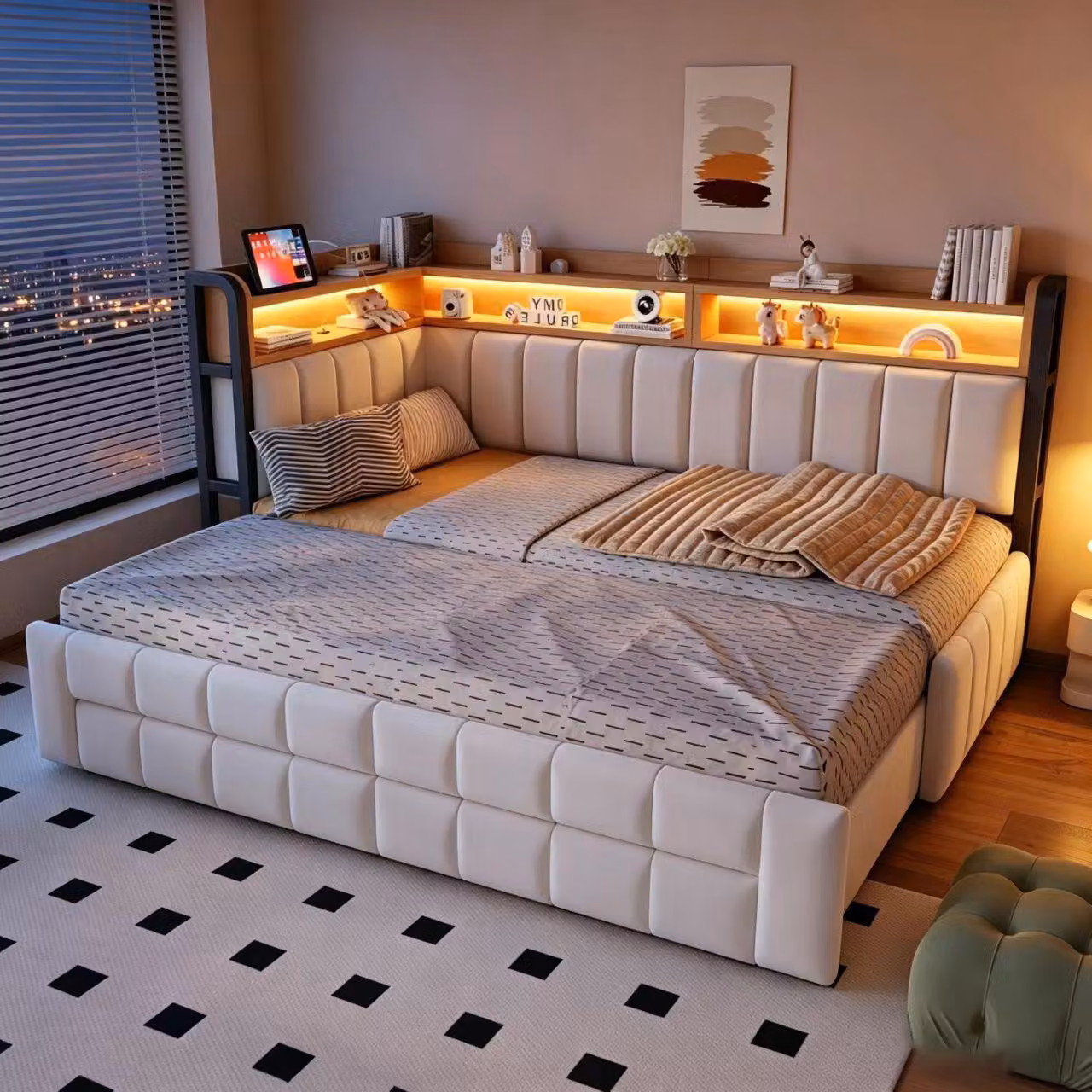 Divano letto imbottito, dimensioni 90x200 cm, color beige, rivestito in velluto, con illuminazione LED, prese USB e di tipo C, e cassetti contenitori per la camera da letto