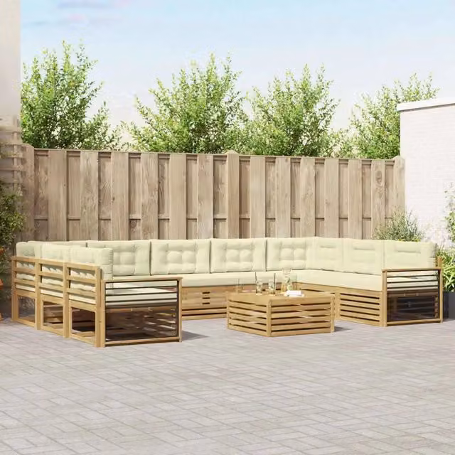 Set di divani da esterno a L con tavolino vidaXL in legno di acacia, Bianco e Beige