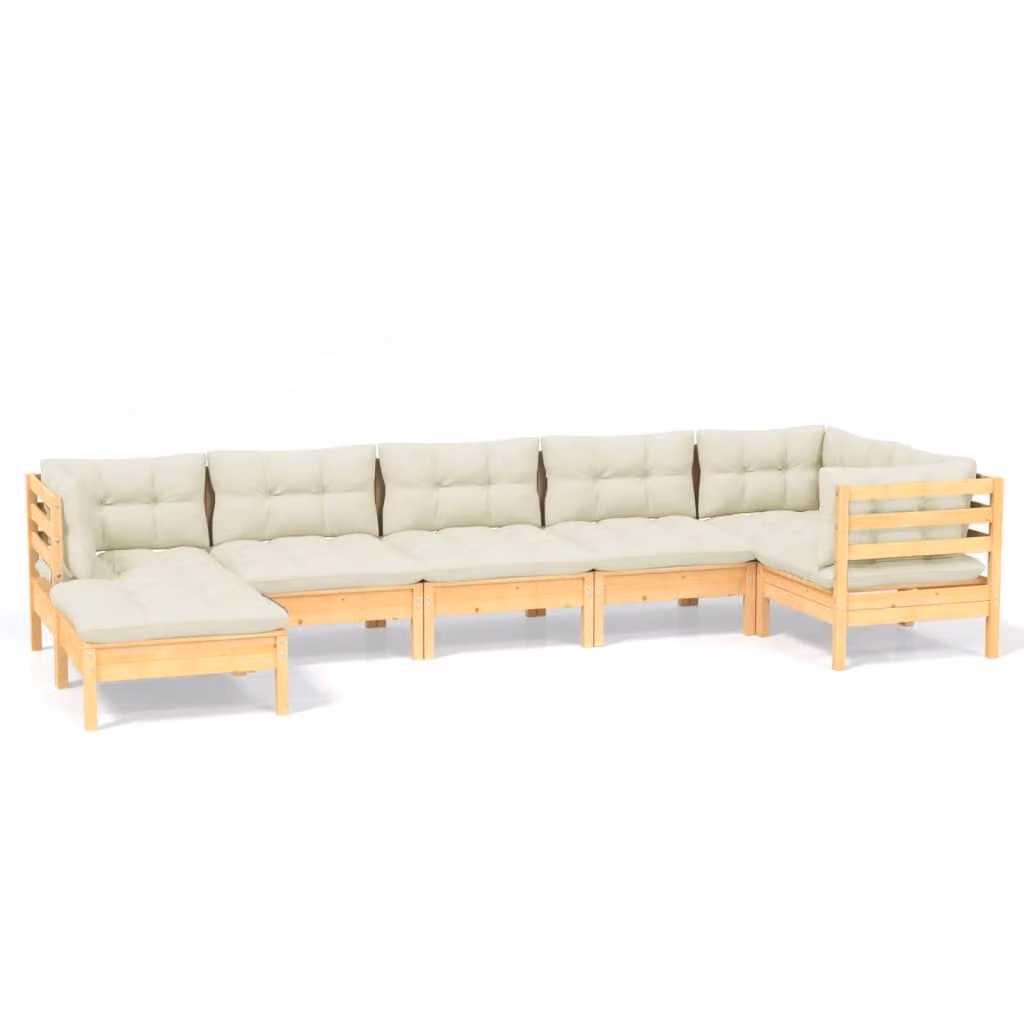 Set Divani da Giardino 7 pz con Cuscini Crema in Massello di Pino