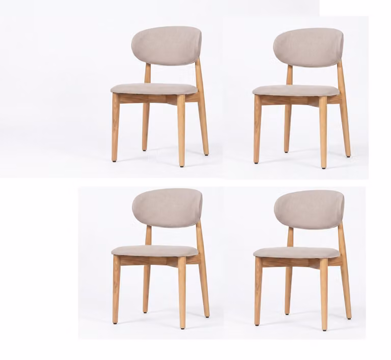 Set di 4 eleganti sedie da pranzo beige, in legno e tessuto, dal design moderno e raffinato