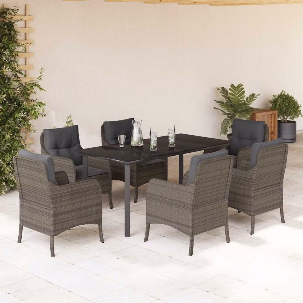 Set da Pranzo da Giardino vidaXL 7 pz in Polyrattan e Vetro Grigio e Nero – 1