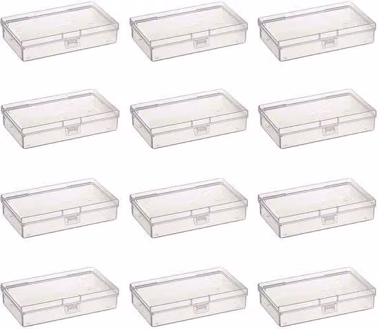 Ibenzoa® Set di 12 contenitori rettangolari trasparenti, in plastica, dimensioni 145x75x30 mm, con coperchio a cerniera e chiusura a scatto – ideali per gioielli e piccoli oggetti