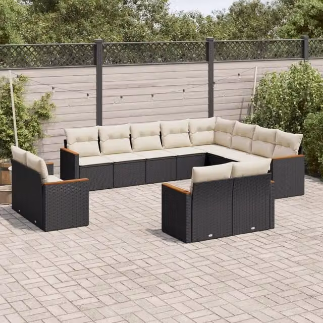Set di Divani da Giardino VIDAXL a Forma di U in Polyrattan Nero con Cuscini, 12 Posti – 1