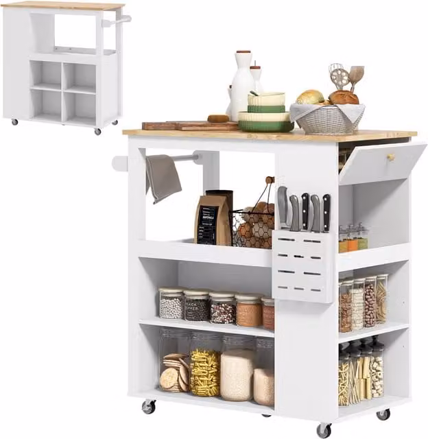 Carrello Isola da Cucina Zephmum con Ripiani Regolabili e Piano in Legno Bianco L 86.5 cm x P 47 cm x H 88 cm