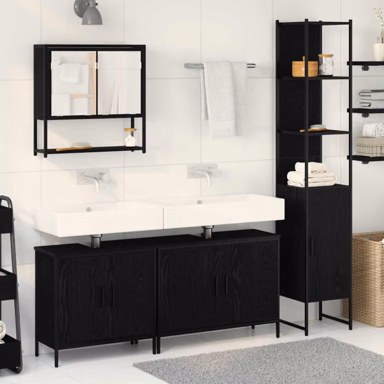 Set di mobili per il bagno vidaXL 4 pezzi nero opaco con mobile sottolavabo, armadietto con specchio e colonna alta, L/P/H: 33 x 33 x 185,5 cm