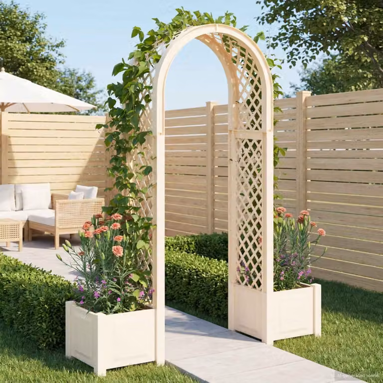 Arco per rose con vaso vidaXL in plastica bianca, L: 168,5 cm, P: 43 cm, H: 207 cm