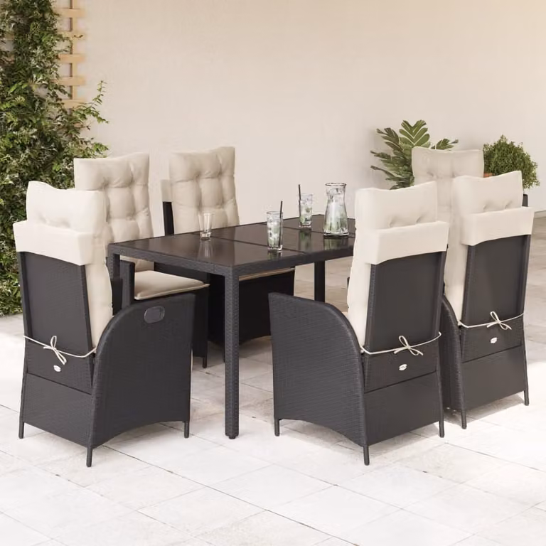 Set da Pranzo da Giardino vidaXL 7 pz in Polyrattan Nero con Piano in Vetro e Cuscini