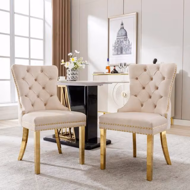 Set di 2 sedie da pranzo imbottite REDOM in velluto beige con struttura in metallo, L: 50,5 cm, P: 45 cm, H: 95 cm