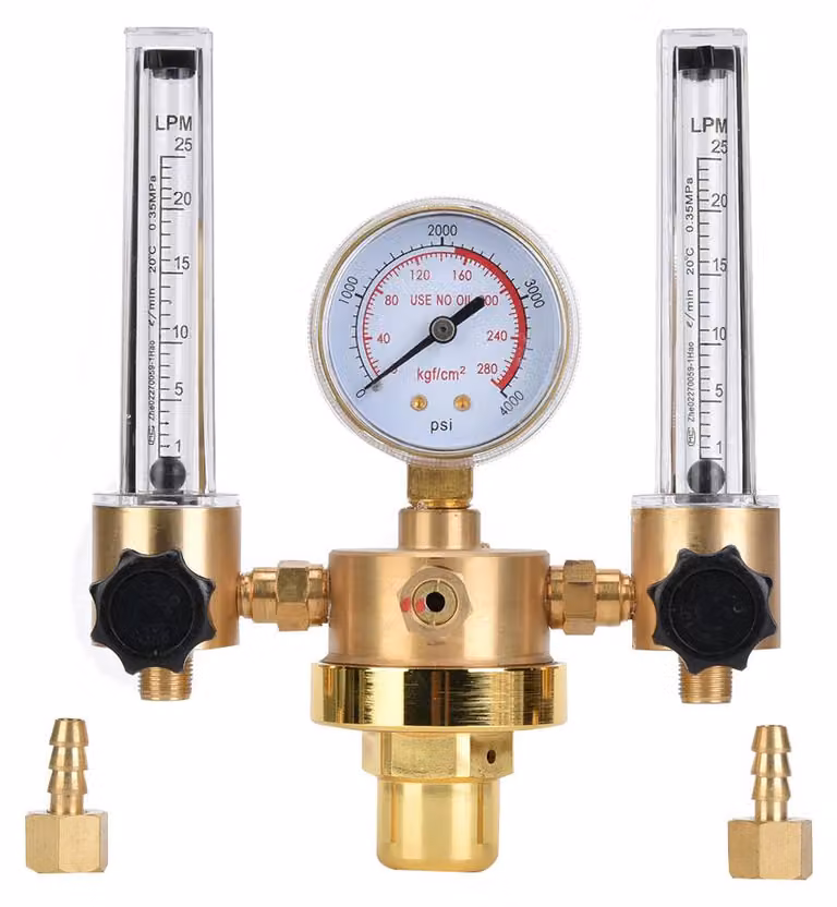Regolatore di argon a doppio tubo, misuratore di flusso, riduttore di pressione del gas, attacco filettato esterno G5/8 per saldatura