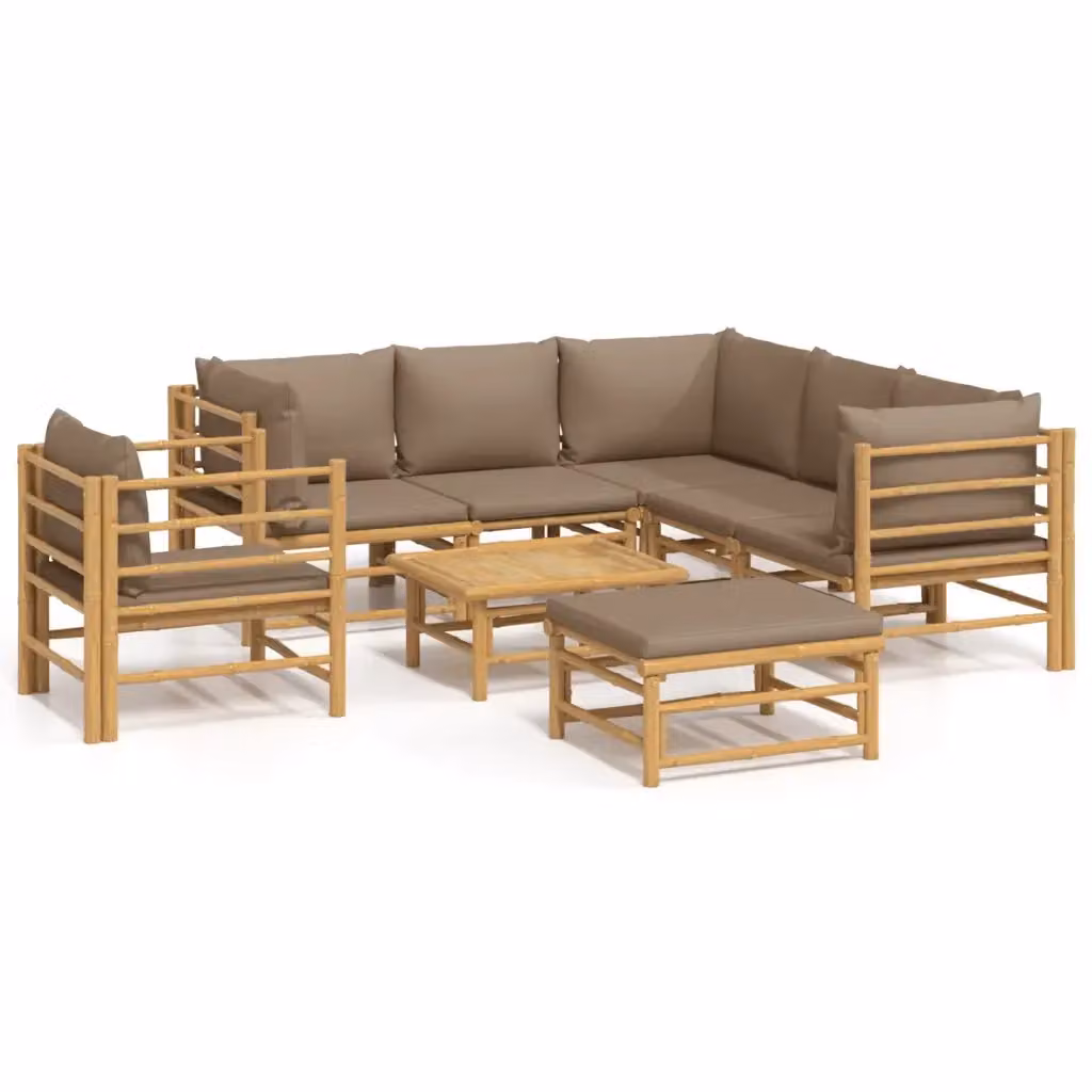 Set Salotto da Giardino 8pz vidaXL in Bambu con Cuscini Beige e Tavolino Moderno – 2