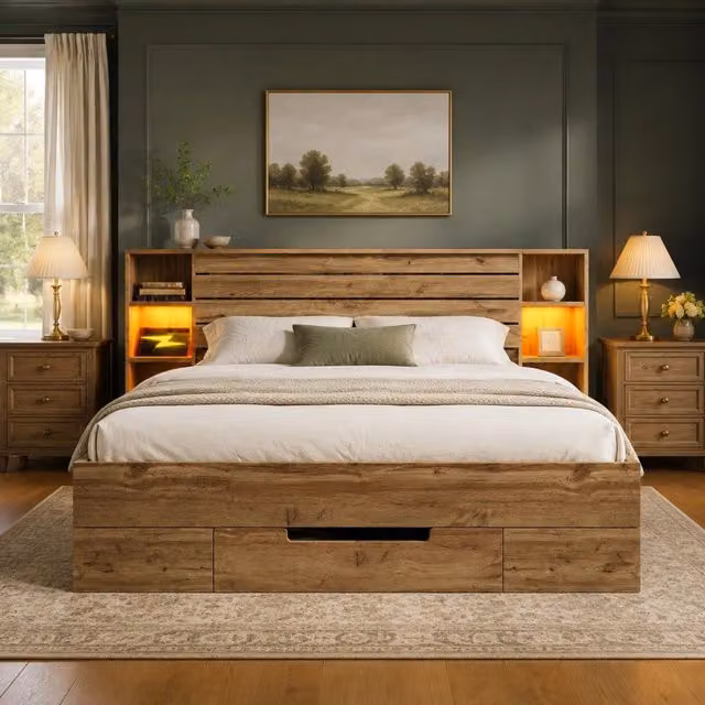 Letto matrimoniale 180 × 200 cm con contenitore in legno e metallo color rovere con LED USB e Type C