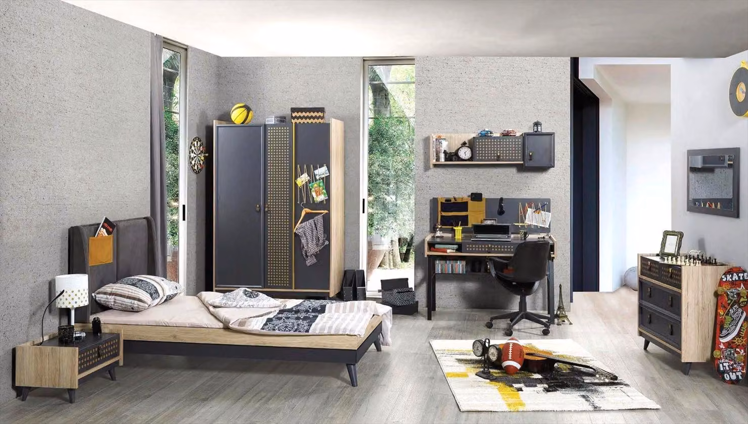 Set per camera da letto per ragazzi: letto, armadio, cassettiera, scrivania, colore grigio