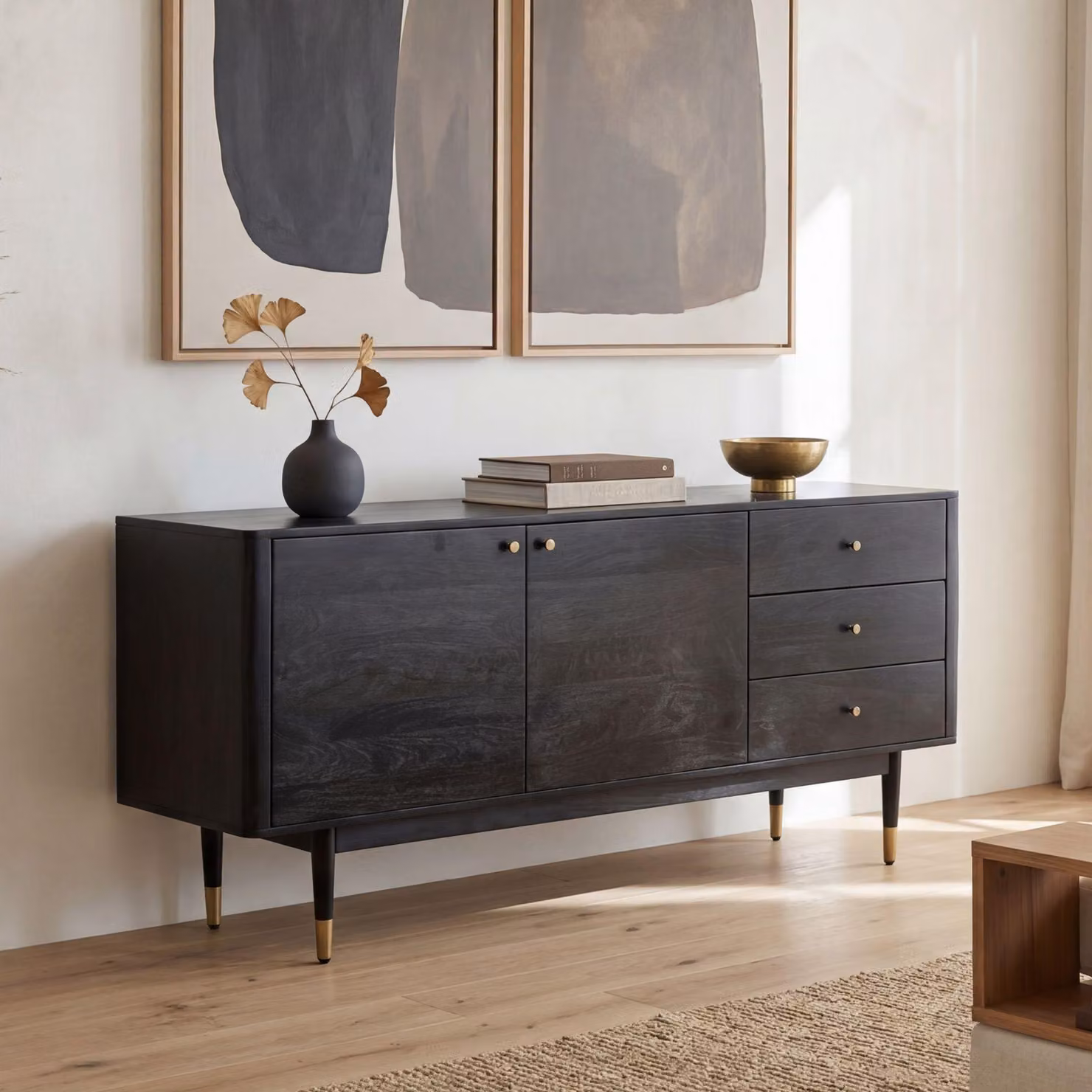 FineBuy Credenza in legno massiccio di acacia 160 cm 2 ante e 3 cassetti - Cassettiera in legno massiccio retro in nero - Credenza di design naturale - Fatto a mano Industriale