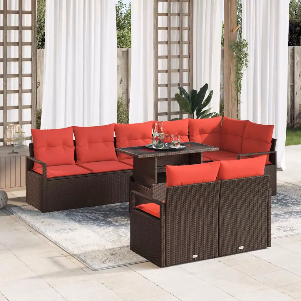Set Divano da Giardino vidaXL 9 Pezzi a Forma di U con Tavolino, Colore Marrone e Rosso