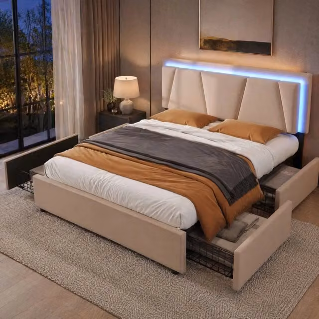 Letto imbottito 140x200 cm beige con LED, 4 cassetti e materasso H3