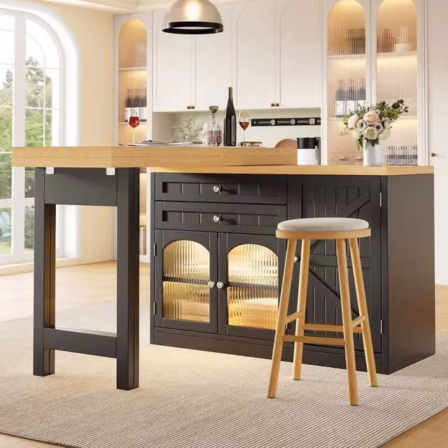 Tavolo da pranzo allungabile isola cucina ¨C Minimal ¨C 120-194cm, piano girevole, vetro, cassetti, bianco/nero