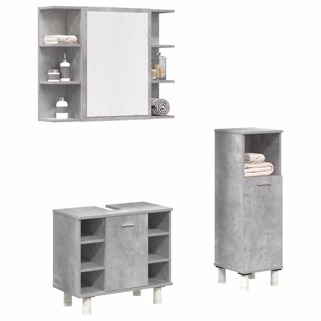 vidaXL Set Mobili da Bagno 3 pz Grigio Cemento in Legno e Vetro con Mobile Lavabo, Pensile e Armadietto con Specchio