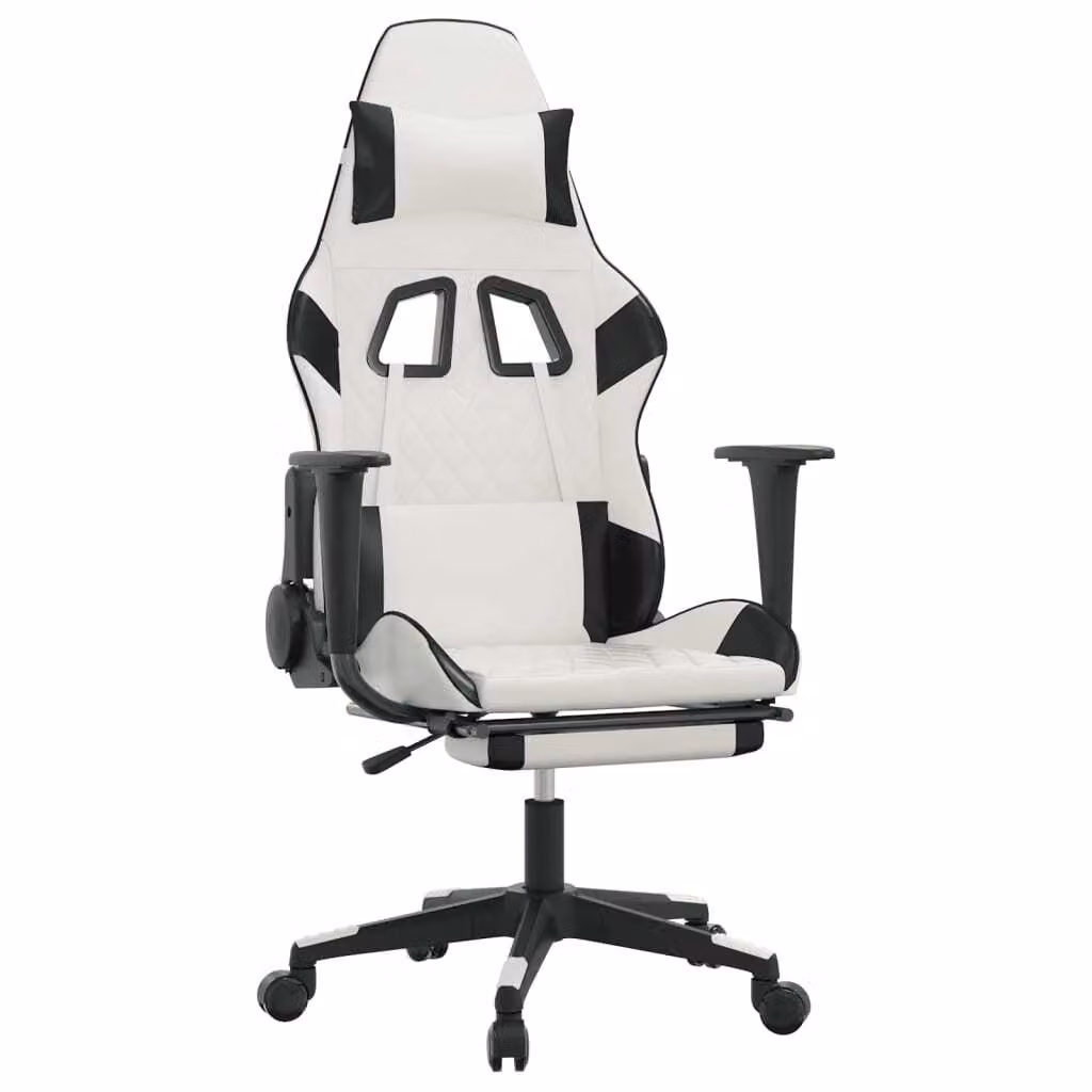 Sedia da Gaming con Poggiapiedi Bianco e Nero in Pelle finta