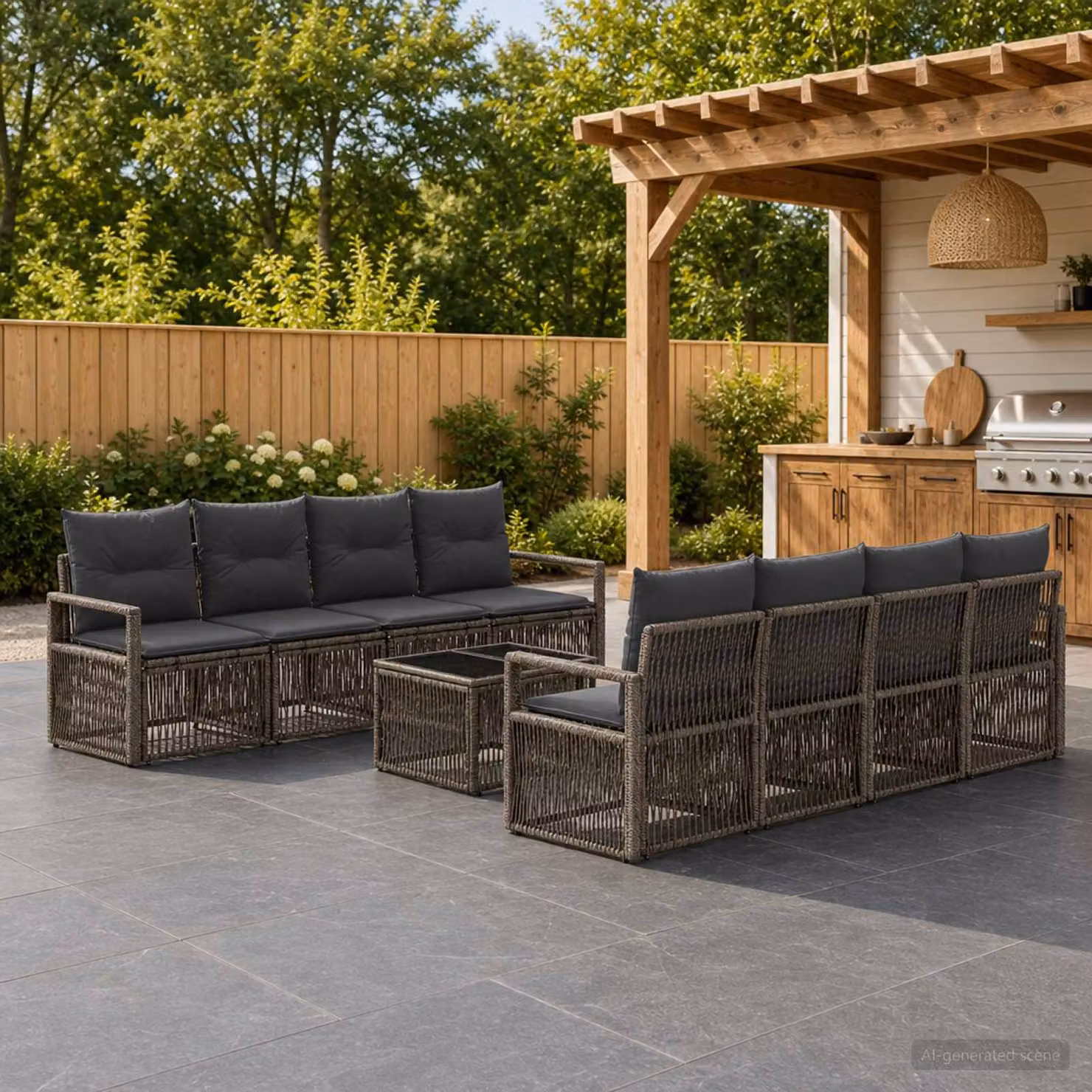 Set Divano da Giardino vidaXL 9 pz in Polyrattan Grigio con Cuscini e Tavolino da Esterno