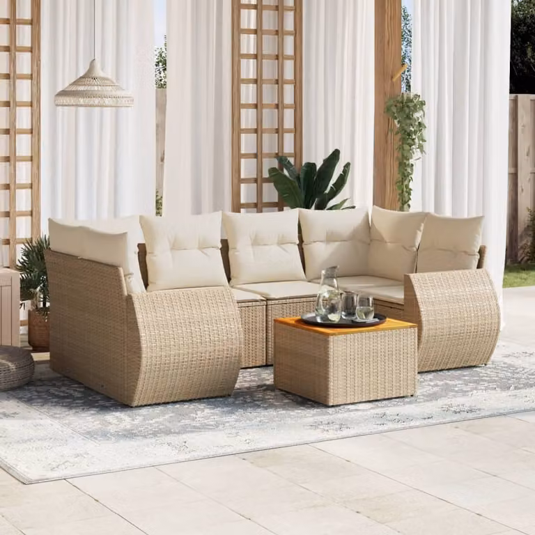 vidaXL Set Divani da Giardino 7 pz a L con Cuscini Beige in Polyrattan e Legno di Acacia