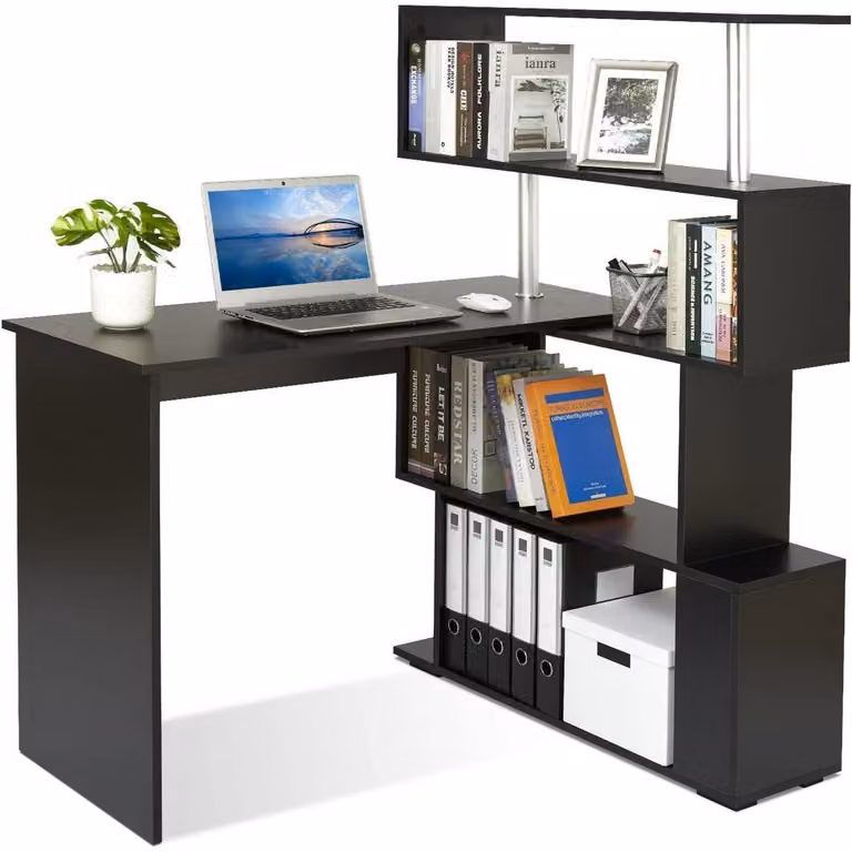 Scrivania a forma di L con libreria girevole a 360°, dimensioni 157 x 45 x 130,5 cm, colore nero