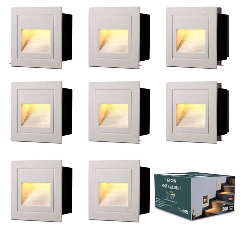 Kit di 8 luci a LED per scale, 3W, 300 lumen, 3000K, grado di protezione IP65, dimensioni 85x85mm, colore: alluminio bianco
