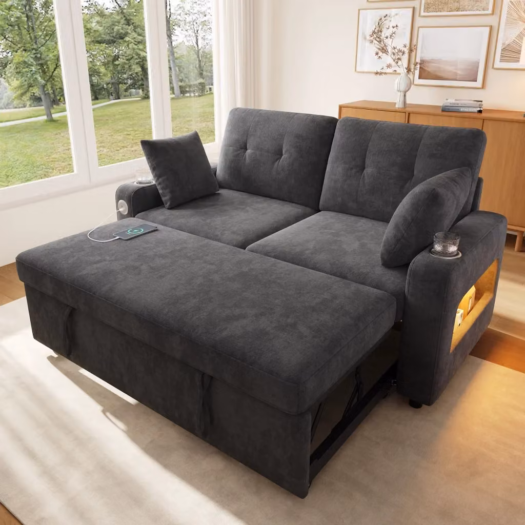 Divano letto estraibile Mivray moderno in tessuto grigio per soggiorno e camera da letto – 2