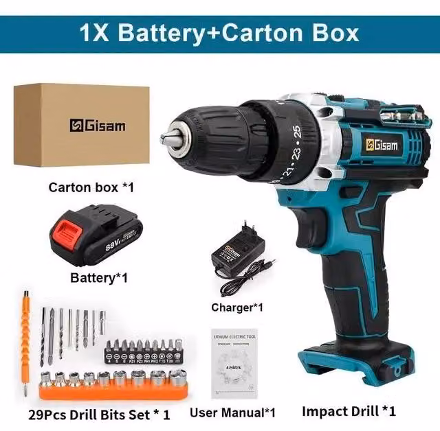Avvitatori a batteria e trapani avvitatori - Trapano avvitatore a batteria - 21 V - 28 Nm - 1600 giri/min - 340 W - Motore a spazzole - Con batteria - Oro