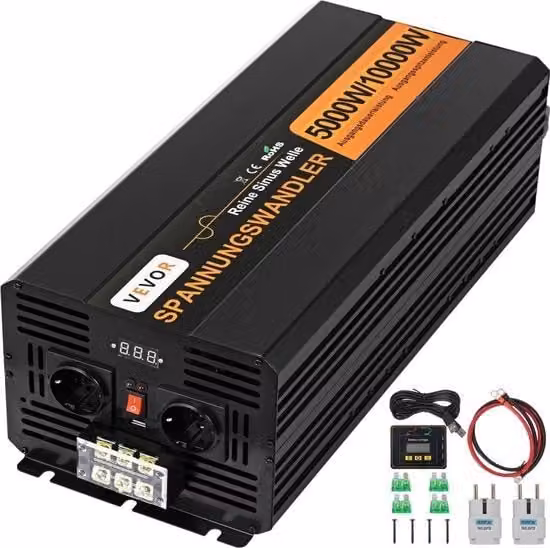 Convertitore Solare DC-AC 24 V 5000 W con Onda Sinusoidale Pura, Caricatore Solare con Uscita AC 230 V 50 Hz e Potenza Massima 10000 W, Colore Nero in Alluminio