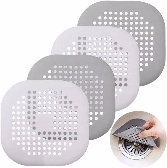 Tappi per scarichi in silicone - Confezione da 4 con beccuccio e filtro per capelli - Copri-scarico per cucina e doccia - bianco e grigio