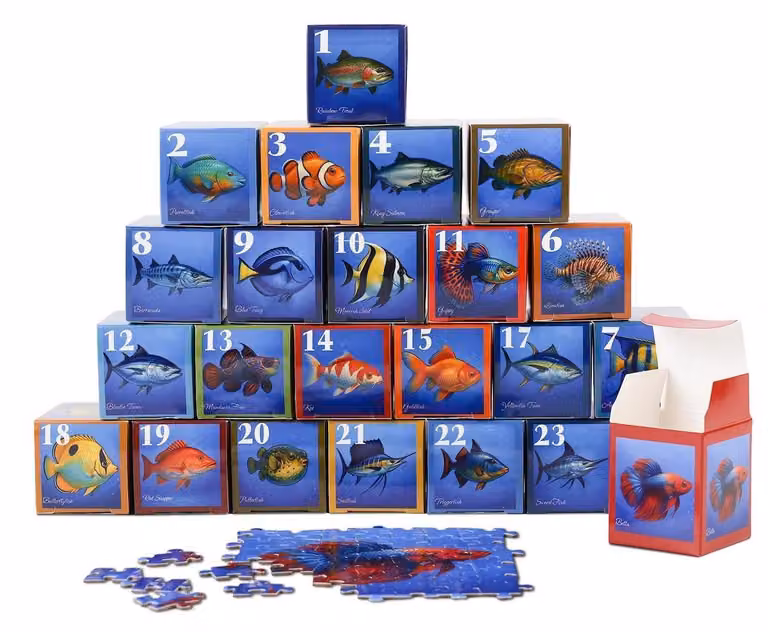 Calendario dell'Avvento con 24 mini-puzzle a forma di pesce, 1000 pezzi