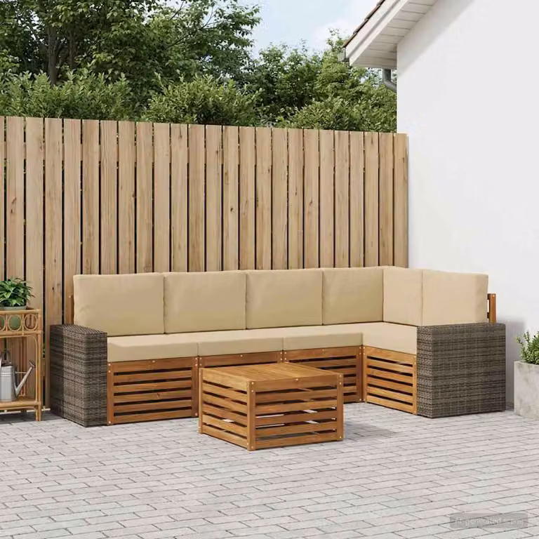 Set di divani da esterno vidaXL 6 pz a forma di L con tavolino, in legno di acacia e tessuto beige resistente ai raggi UV