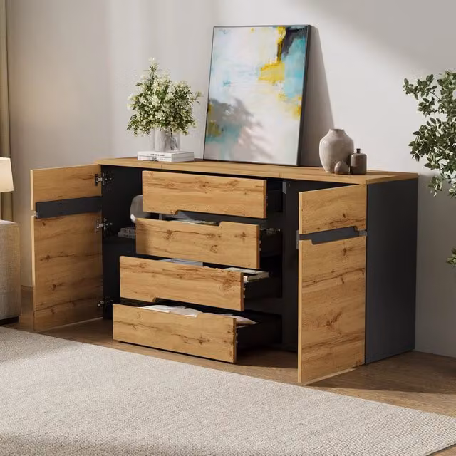 Credenza e madia con 2 ante, 4 cassetti e 4 vani, per soggiorno, in truciolare nero e legno, 160 × 40 × 80 cm
