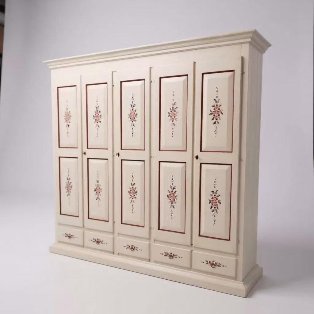 Armadio shabby chic in legno con 5 ante e decorazioni floreali Mobili 2G bianco anticato con profili marroni L: 254 cm, P: 61 cm, H: 240 cm – 2