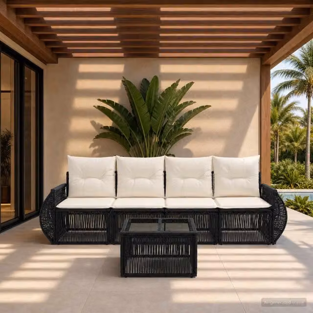 Set Divano da Giardino 5 Pezzi vidaXL in Polyrattan con Tavolino e Cuscini, Nero e Bianco Crema – 1