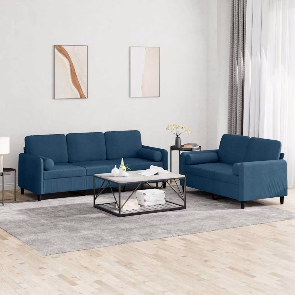 Set di divani vidaXL composto da un divano a 2 posti e uno a 3 posti in velluto blu con cuscini coordinati per il tuo soggiorno – 1