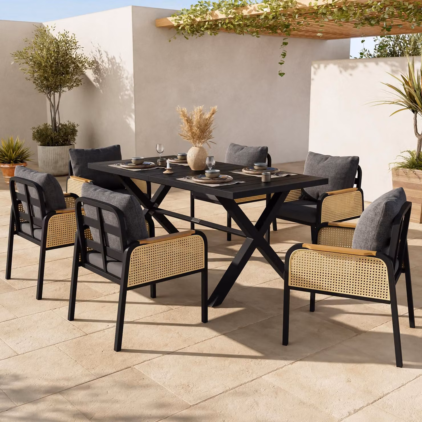 Set da salotto composto da 7 pezzi: 6 sedie con tavolo, ideale per l'esterno e il giardino